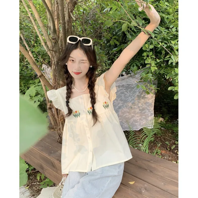 Women's Cute Floral Embroidered Ruffled Tank Top