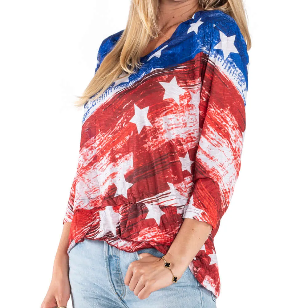 Women's Water Color Stars and Stripes 3/4 Sleeve Criss Cross Top