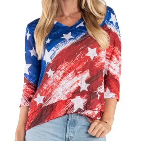 Women's Water Color Stars and Stripes 3/4 Sleeve Criss Cross Top