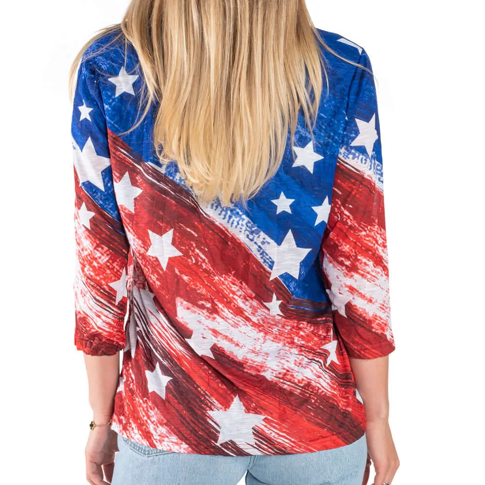 Women's Water Color Stars and Stripes 3/4 Sleeve Criss Cross Top